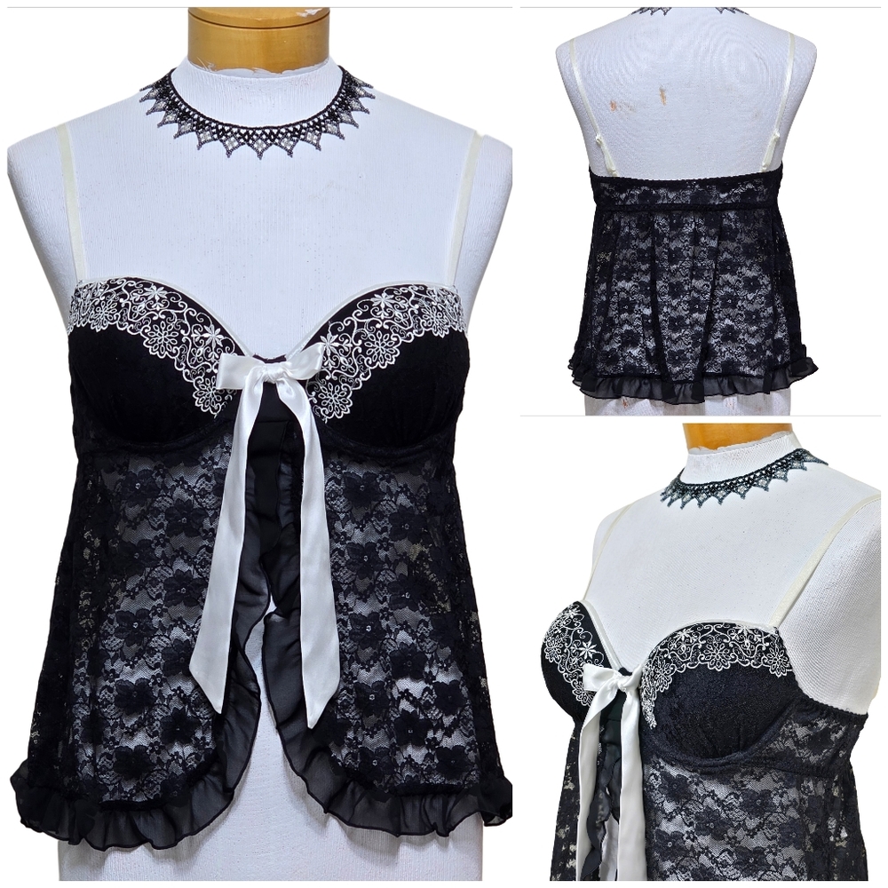 Vtg Black Lace Ruffle Babydoll Top Sz M Cami Bow Fairy Whimsigoth Grundge Sexy